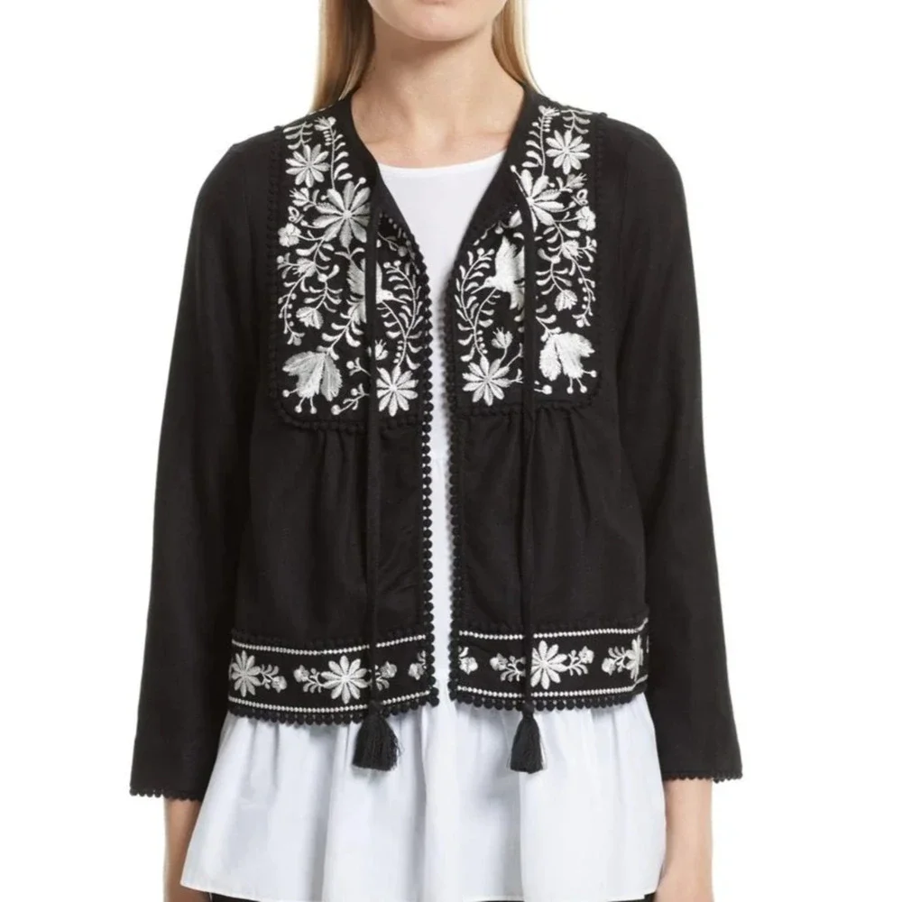 Kate Spade Black Linen Blend Crop Jacket Floral Embroidery Womens Medium